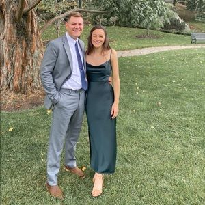 CALI SATIN CHARMEUSE BHLDN. midi dress. Dark emerald. Size 0. Never altered